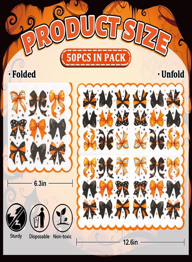 Whaline 50 Pcs Halloween Bow Paper Napkins Black Orange Bowknot Scalloped Disposable Napkins Luncheon Dinner Napkin for Birthday Trick or Treat Party Table Supplies - Image 2